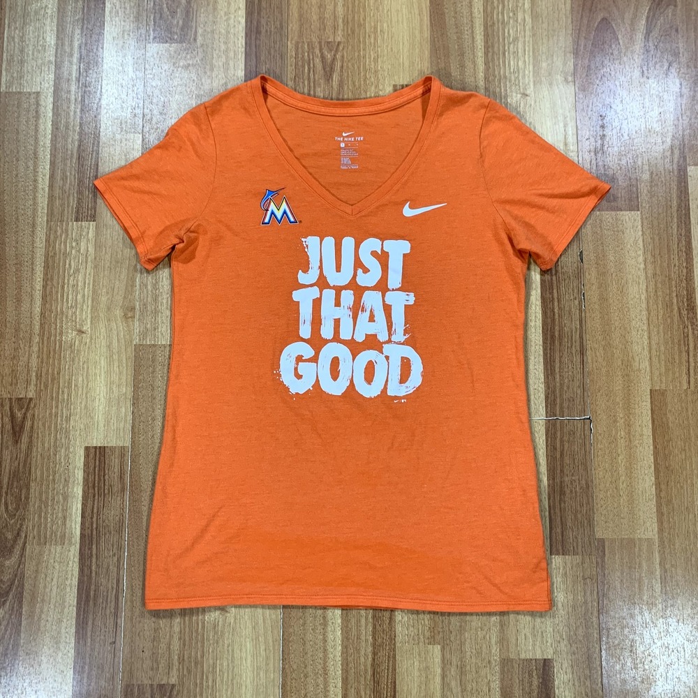 Nike Miami Marlins Shirt Womens Medium M Orange White V‎ Neck